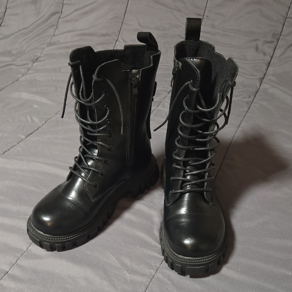 Sleek Black Faux Leather Combat Boots